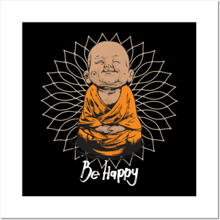 Be Happy Little Buddha on Mandala T-shirt Posters and Art